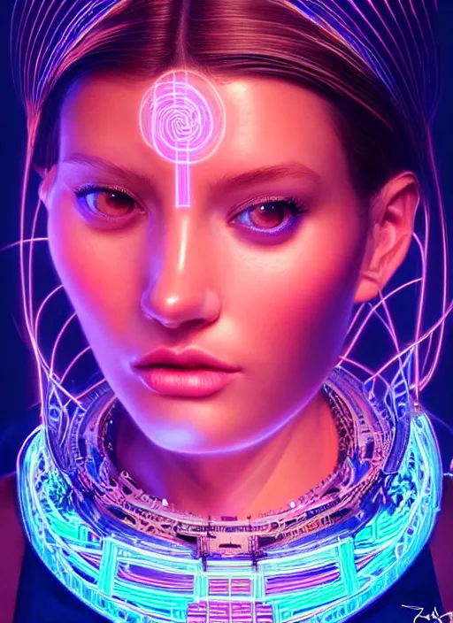 Image similar to a highly detailed long shot photo of very intricate female face portrait, futurism, rococo cyber neon lighting, detailed futuristic fibonacci jewelry, profile posing, hyper photorealistic, crispy quality, digital photography, trending in pinterest, cinematic, 4 k ultra hd, art by pascal blanche, art by greg rutkowski, art by artgerm,