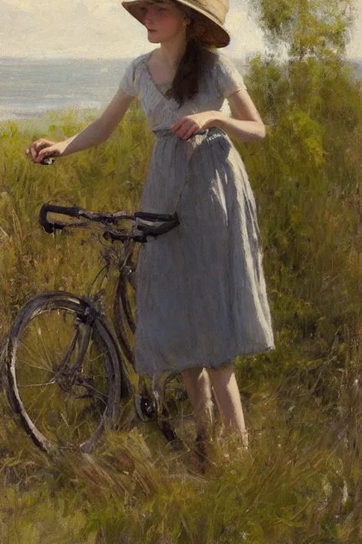 Image similar to “ woman on bicycle, summerdress, hat, jeremy lipking, joseph todorovitch ”