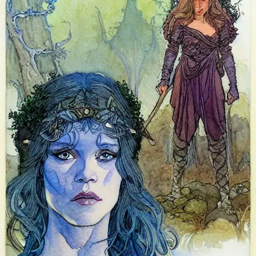 Image similar to a realistic and atmospheric watercolour fantasy character concept art upper body image of a young jane fonda in her 2 0 s posing as a druidic warrior wizard looking at the camera with an intelligent gaze by rebecca guay, michael kaluta, charles vess and jean moebius giraud