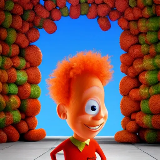 Image similar to carrot top with photorealistic carrot head!!!!, pixar character, stage background, pixar, 3 d,