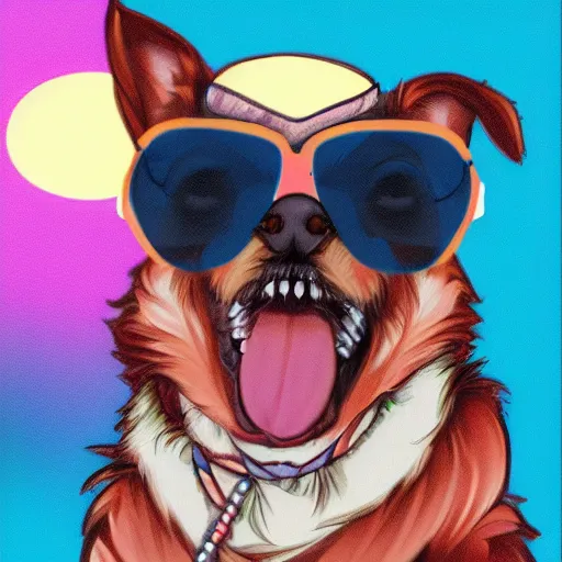 Prompt: portrait anime style, of a happy dog wearing sunglasses and a hawaiian shirt in the sunset, photorealism, beautiful light, high detail, soft light,