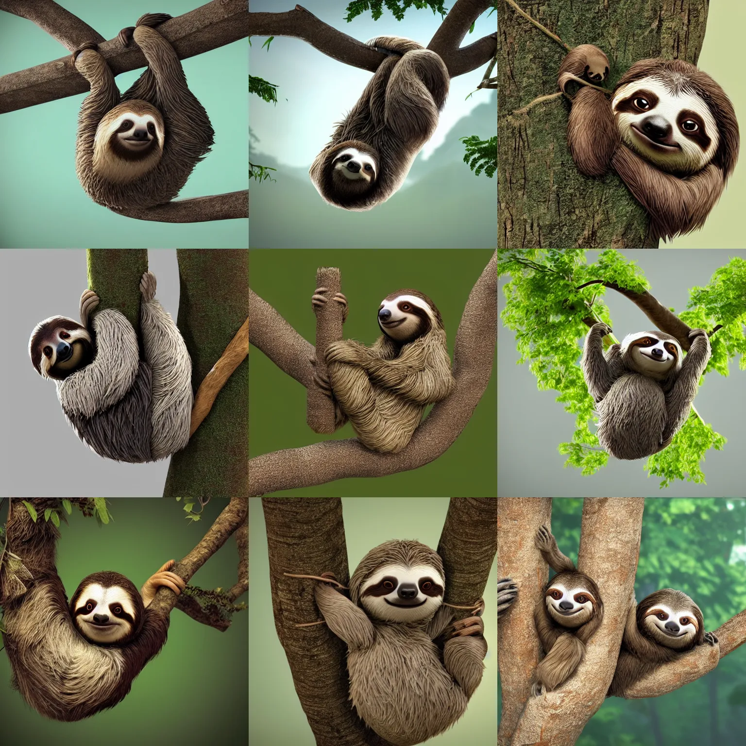 Prompt: a cute sleepy sloth hanging onto a branch. octane render, highly detailed, 4k, facial expressions, artstation
