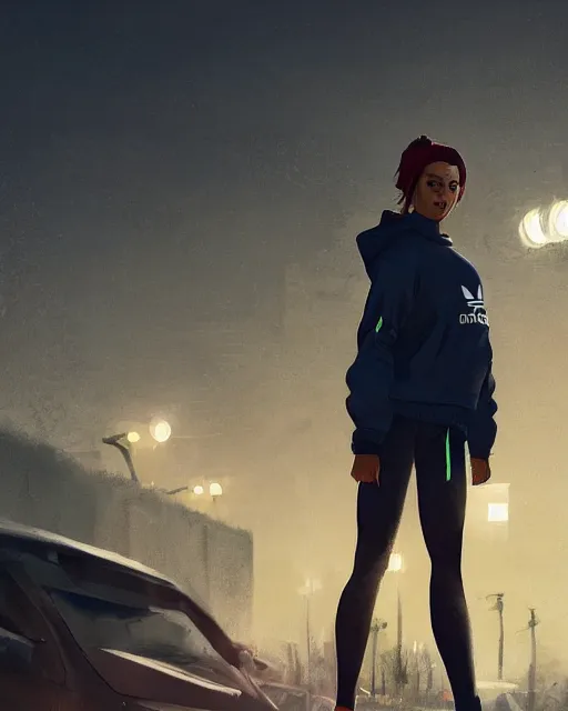 Prompt: portrait of attractive slav heroine wearing an addidas tracksuit. illuminated street lights, slav apartments in backround, by greg rutkowski and wlop, detailed, cinematic, 8 k, intricate, rule of thirds.