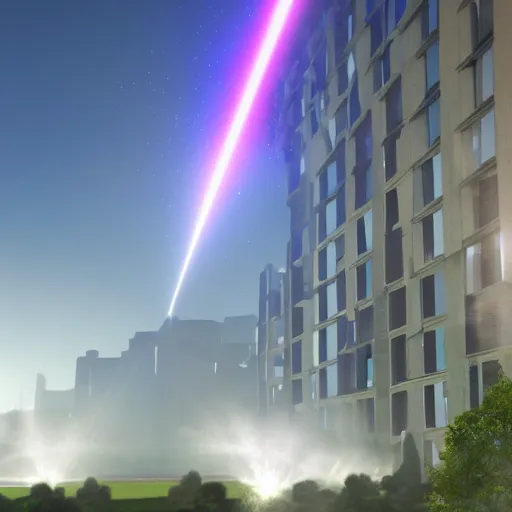 Image similar to building being destroyed by laser strike from the sky, 4k render, viewed from a distance