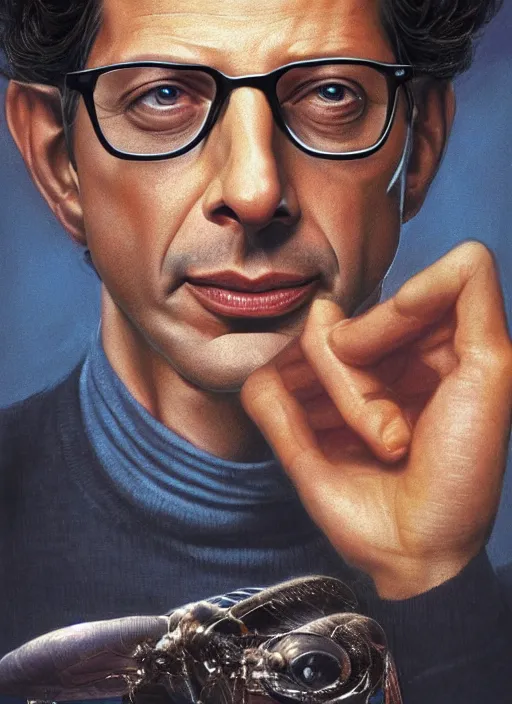 Image similar to portrait of jeff goldblum in the fly ( 1 9 8 6 ), depth of field, soft focus, highly detailed, intricate, realistic, national geographic cover, soft glow, textured, artstation, concept art, sharp focus, illustration, art by artgerm and greg rutkowski and earl norem