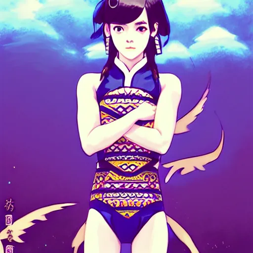 Image similar to a beautiful boyish emma watson alluring instagram model, wearing elaborate japanese hiphop leotard outfit with mayan pattern and native fashion, aztec street fashion bathing suit, jrpg fashion, gapmoe yandere grimdark, trending on pixiv fanbox, painted by greg rutkowski makoto shinkai takashi takeuchi studio ghibli, akihiko yoshida