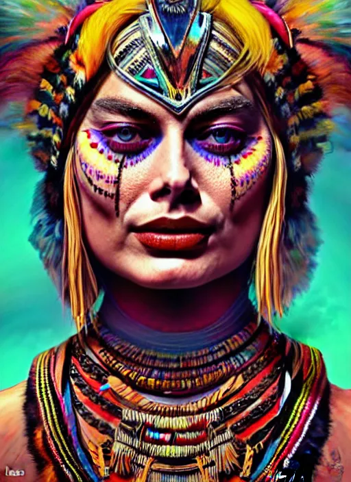 Image similar to portrait of margot robbie, hyper detailed ultra sharp aztec shaman warrior. trending on artstation, warpaint aesthetic, bloodwave, colorful, psychedelic, ornate, intricate, digital painting, concept art, smooth, sharp focus, illustration, art by artgerm and greg rutkowski and h. r. giger, 8 k