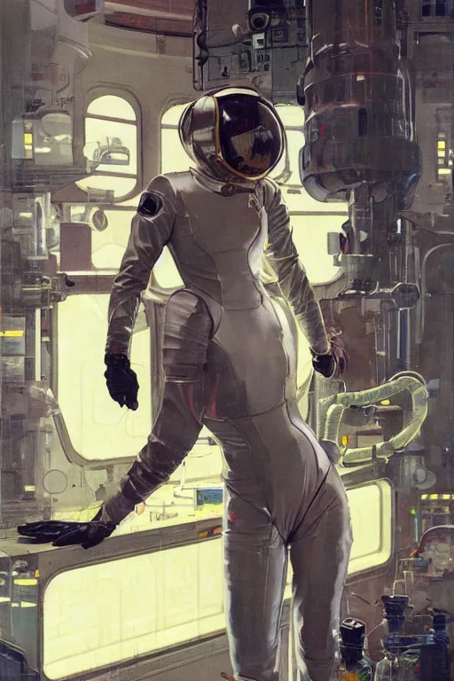 Prompt: pulp scifi fantasy illustration full body portrait of elegant woman wearing latex spacesuit in laboratory, by norman rockwell, jack kirby, bergey, craig mullins, ruan jia, jeremy mann, tom lovell