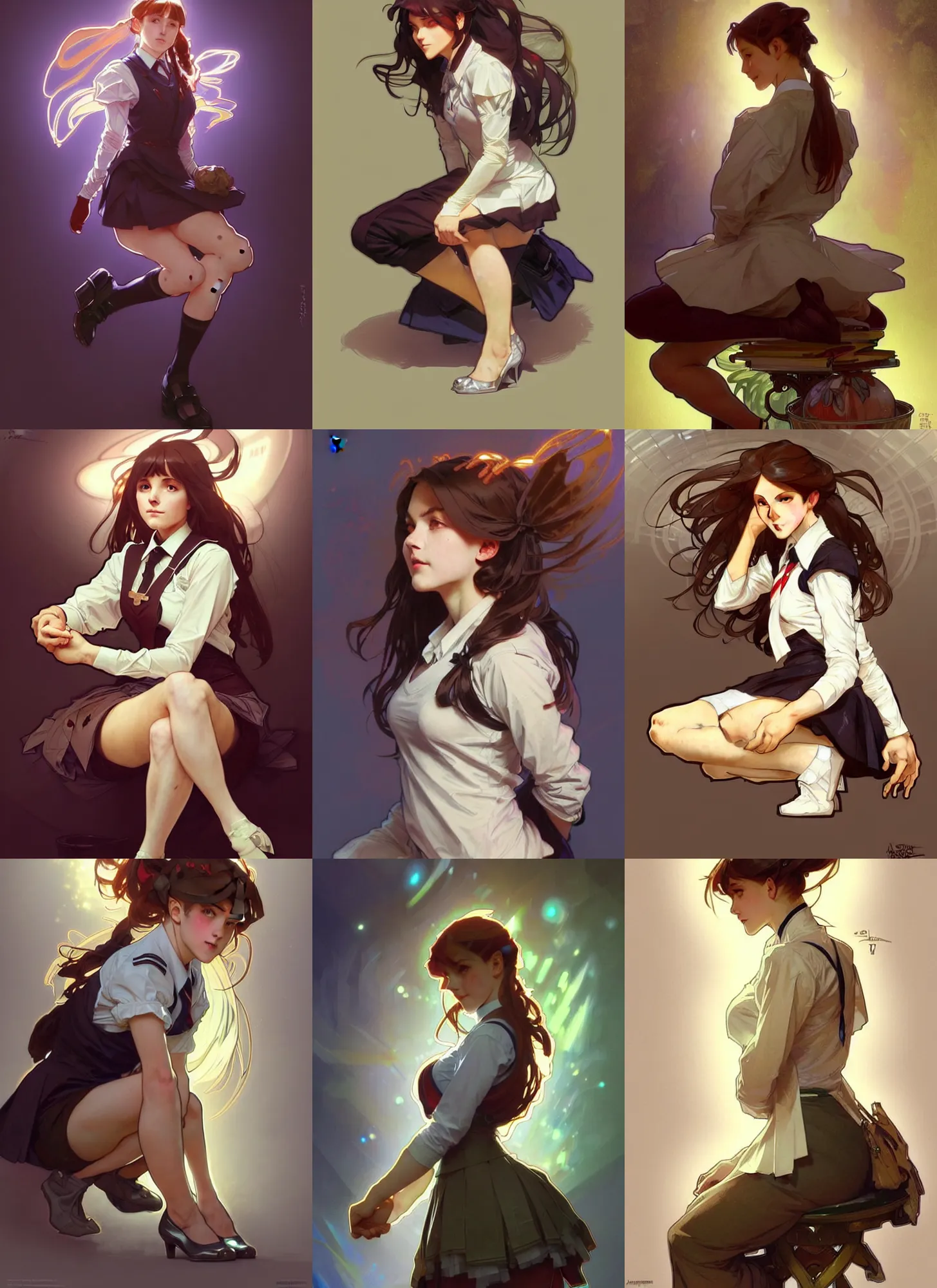 Image similar to a digital concept art by artgerm and greg rutkowski and alphonse mucha. clear portrait of a squatting attractive school girl in uniform!! sit on heels!! light effect. hyper detailed, character concept, glowing lights!! intricate, elegant, digital painting, artstation, smooth, sharp focus