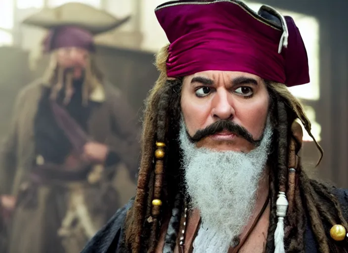 Image similar to ethan kline from h 3 h 3, movie still, from the new pirates of the caribbean movie, 8 k, realistic