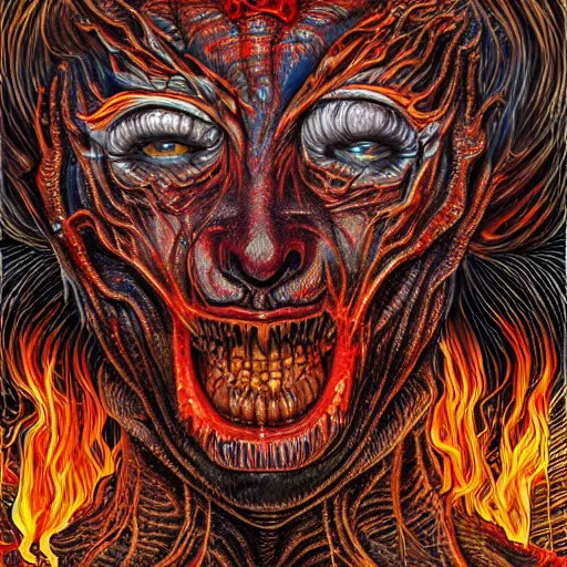 Image similar to horrifying monster in hell, maximalist, high detail, 8k, ornate, dark fantasy, realistic, masterpiece, Trending on art station, complex, Alex Grey