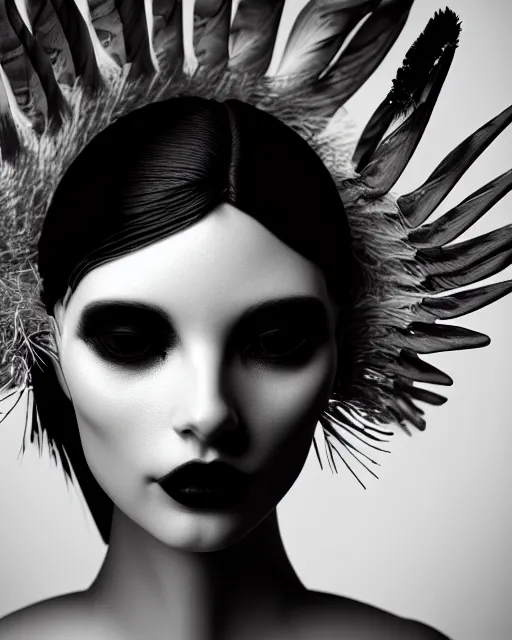 Image similar to surreal mythical dreamy dark artistic black and white fine art 3 / 4 portrait photo of a young delicate female robot - mutant - vegetal - cyborg with long pale feathers, rim light, cinematic, studio dramatic light, poetic, octane render, 8 k, photo - realistic