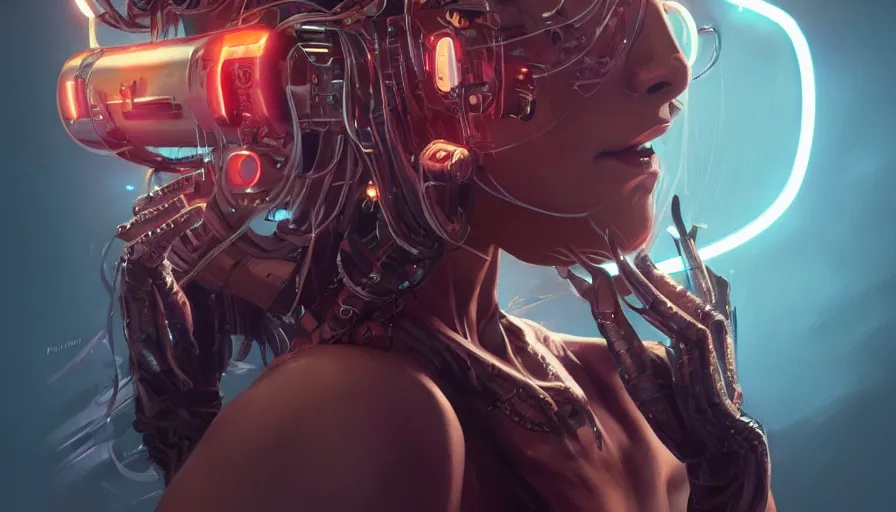 Prompt: no mouth, scream, cyberpunk angry gorgeous goddess, alterd carbon, cigar, neon, fibonacci, sweat drops, insane, intricate, highly detailed, digital painting, artstation, concept art, smooth, sharp focus, illustration, Unreal Engine 5, 8K, art by artgerm and greg rutkowski and alphonse mucha