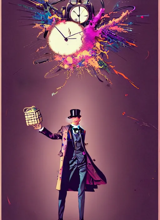 Image similar to arrogant elegant man travels through time via steampunk portals, pixiv fanbox, dramatic lighting, maximalist pastel color palette, splatter paint, pixar and disney exploded - view drawing, graphic novel by fiona staples and dustin nguyen, peter elson, alan bean, wangechi mutu, clean cel shaded vector art, trending on artstation