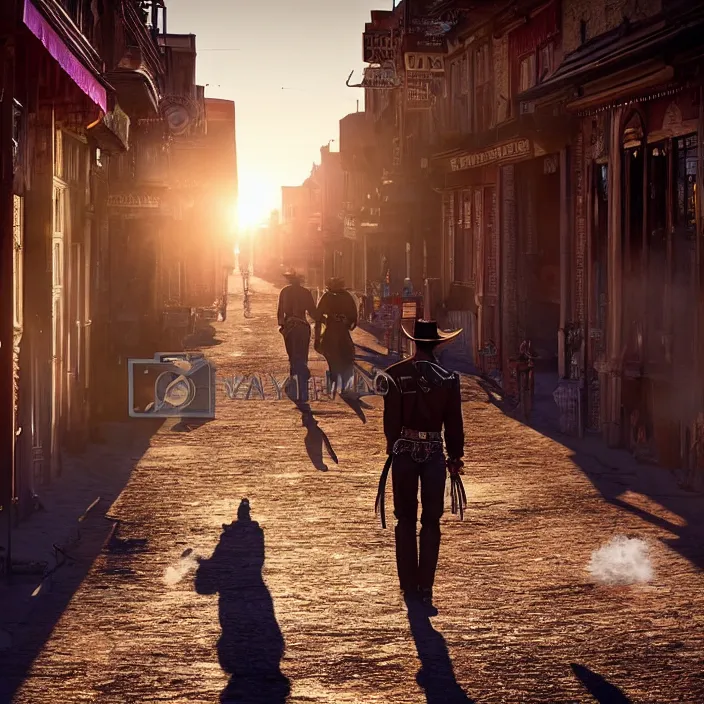 Image similar to a sunset light historical wild west broad empty street, duel between two cowboys, cowboy seen from the back, lots of sparkling details and sun ray's, blinding backlight, smoke, volumetric lighting, colorful, octane, 3 5 mm, saloon exterior, empty old town street, beautiful epic colored reflections, very colorful heavenly, softlight