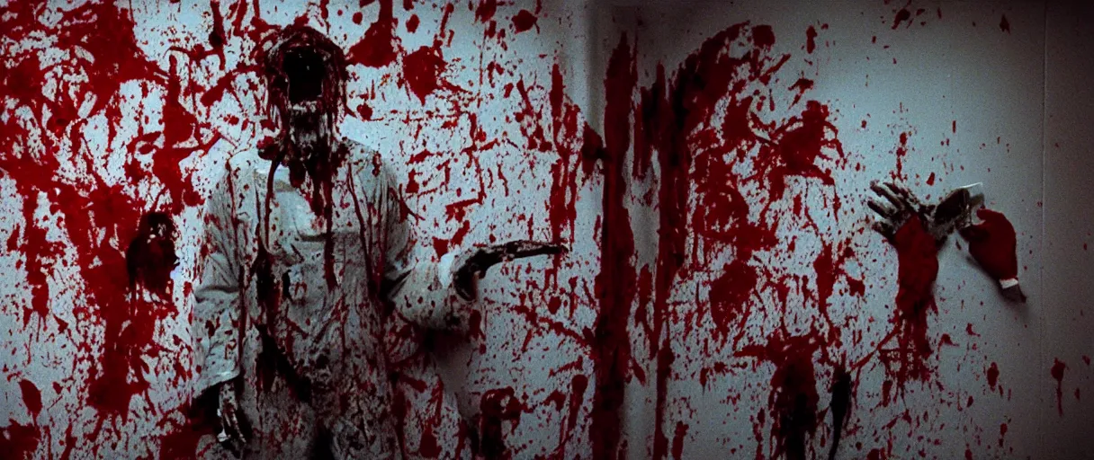 Image similar to filmic wide shot angle movie still 35mm film color photograph of a decapitated doctor with blood spewing from his neck and splattered blood all over the walls in a science lab in the style of a 1982 horror film