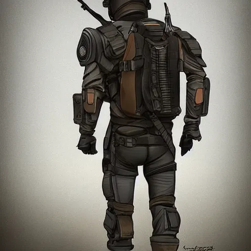 Image similar to futuristic insurgent wearing black helmet, brown cloak, technical vest, and a backpack, photorealistic, digital art