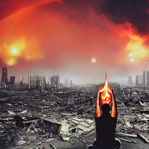 Prompt: realistic photo, destroyed city on fire with red flames in the background, calm people practicing yoga at the top of a hill in the foreground, apocalyptic atmosphere, smoke in the sky