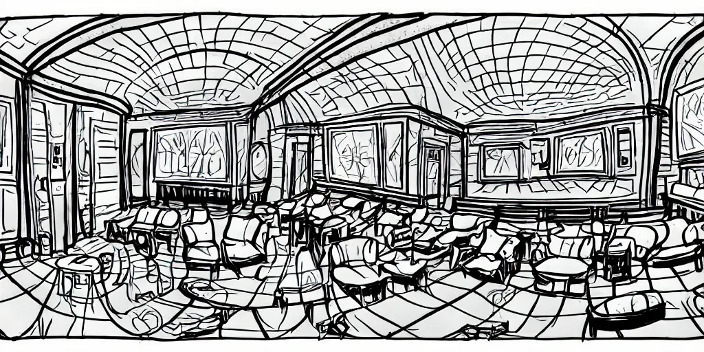 Prompt: a dimly lit, theater dressing room, with a mirror, a chair, a couch, day of the tentacle style, drawn by Peter Chan, fish eye