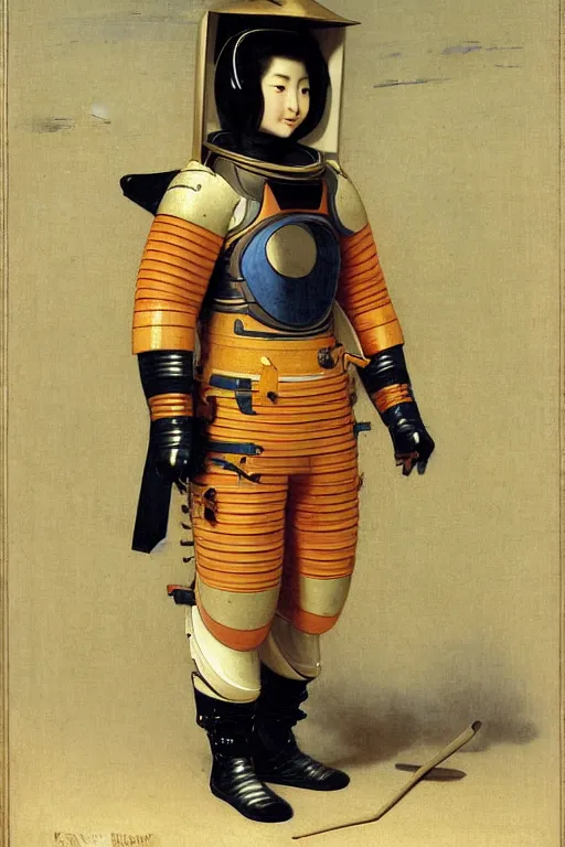 Image similar to portrait of a astronaut in japanese samurai armor and helmet, by bouguereau