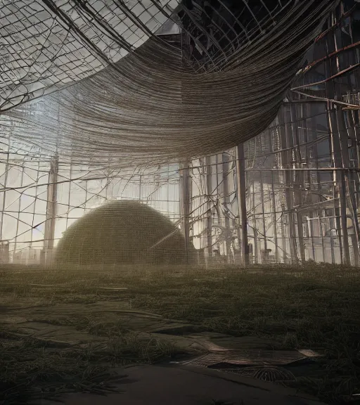 Image similar to hemp ropes in cyberpunk structure, former gasometer in rome, white sheets, trending on artstation, behance, octane render, award winning, archviz, matte painting, epic