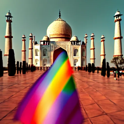 Image similar to photo of gay pride at ( ( ( ( taj mahal ) ) ) ), cinematic color grading, soft light, faded colors, well framed, sharp focus, 8 k
