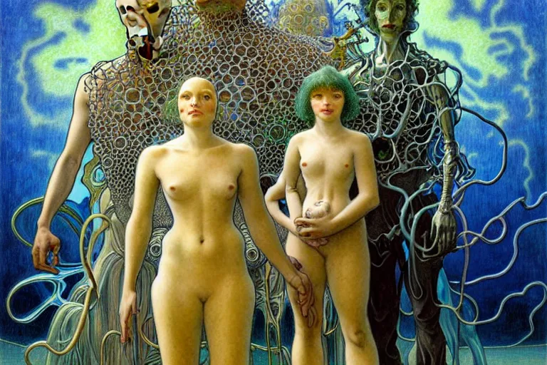 Image similar to realistic extremely detailed portrait painting family photo, futuristic sci-fi landscape with a statue on background by Jean Delville, Amano, Yves Tanguy, Alphonse Mucha, Ernst Haeckel, Edward Robert Hughes, Roger Dean, rich moody colours, silver hair and beard, blue eyes