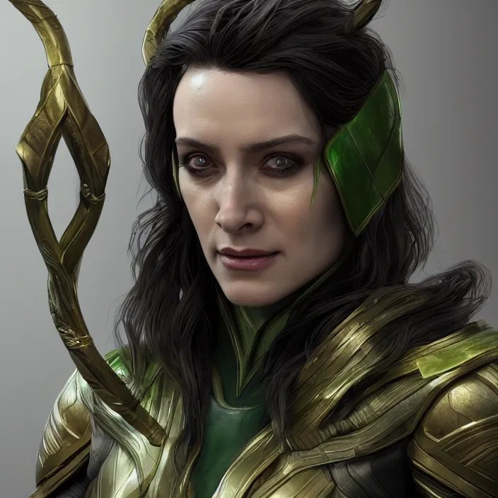 Image similar to female loki, au naturel, hyper detailed, digital art, trending in artstation, cinematic lighting, studio quality, smooth render, unreal engine 5 rendered, octane rendered