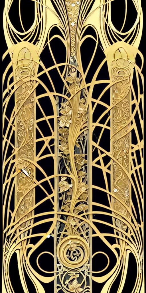 Image similar to the source of future growth dramatic, elaborate emotive Art Nouveau styles to emphasise beauty as a transcendental, seamless pattern, symmetrical, large motifs, hyper realistic, 8k image, 3D, supersharp, Art nouveau curves and swirls, metallic reflective surfaces, glittery iridescent and black colors with gold accents, perfect symmetry, iridescent, High Definition, sci-fi, Octane render in Maya and Houdini, light, shadows, reflections, photorealistic, masterpiece, smooth gradients, high contrast, no blur, sharp focus, photorealistic, insanely detailed and intricate, cinematic lighting, Octane render, epic scene, 8K