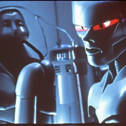 Image similar to movie still, 1 9 8 0 s, androids, hyperdetailed, by ridley scott and john carpenter, blue leds