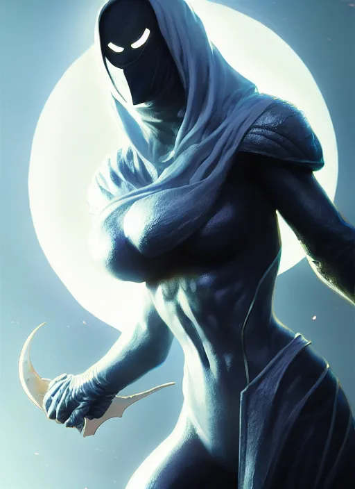 Image similar to female moon knight, hyper detailed, digital art, trending in artstation, cinematic lighting, studio quality, smooth render, unreal engine 5 rendered, octane rendered, art style by klimt and nixeu and ian sprigger and wlop and krenz cushart