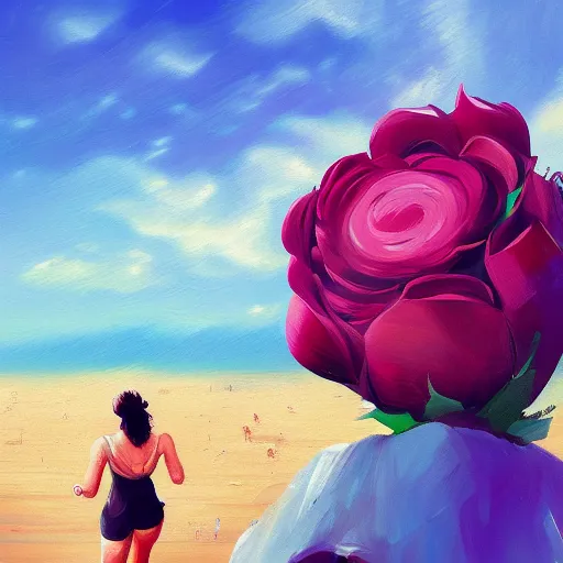 Image similar to portrait, giant rose flower head, woman running at the beach, surreal photography, sunrise, blue sky, dramatic light, impressionist painting, digital painting, artstation, simon stalenhag