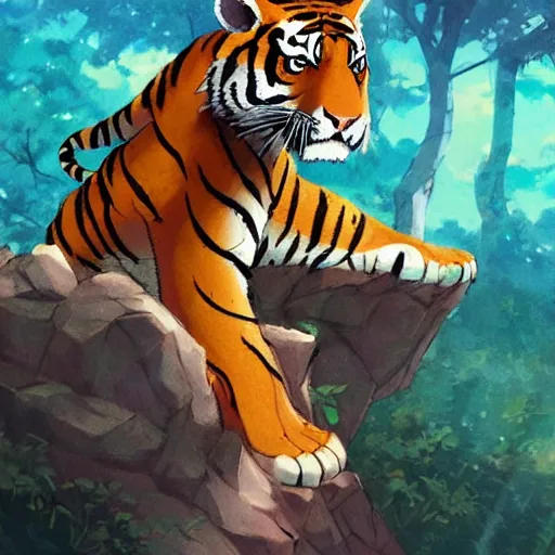 Image similar to a tiger wearing a dress, illustration concept art anime key visual trending pixiv fanbox by wlop and greg rutkowski and makoto shinkai and studio ghibli and kyoto animation symmetrical facial features