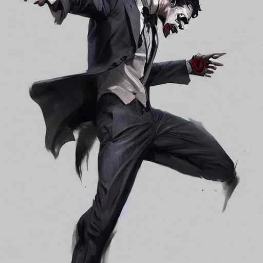 Prompt: joker sketch, full body, dynamic pose, painted by greg rutkowski