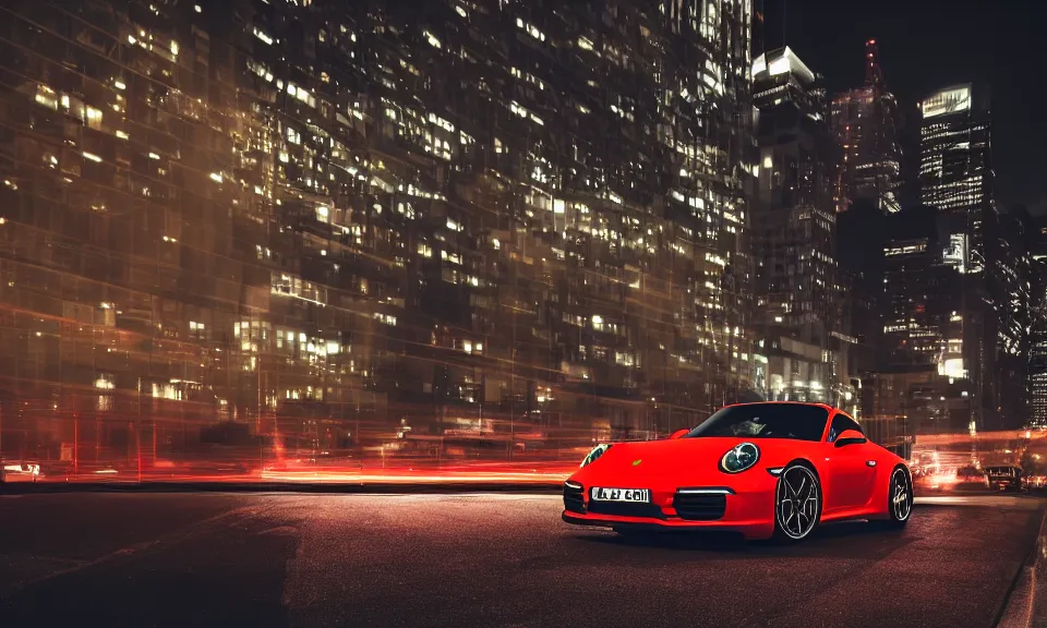 Prompt: photo of a porsche 911 at night in a city, cinematic, 4k, panavision, long exposure photography