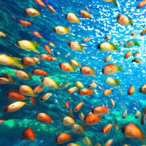 Prompt: Fishes swimming in a rainbow sea, ultra realistic 8K