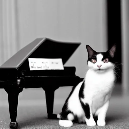 Image similar to A black and white cat in a tuxedo playing a baby grand piano.