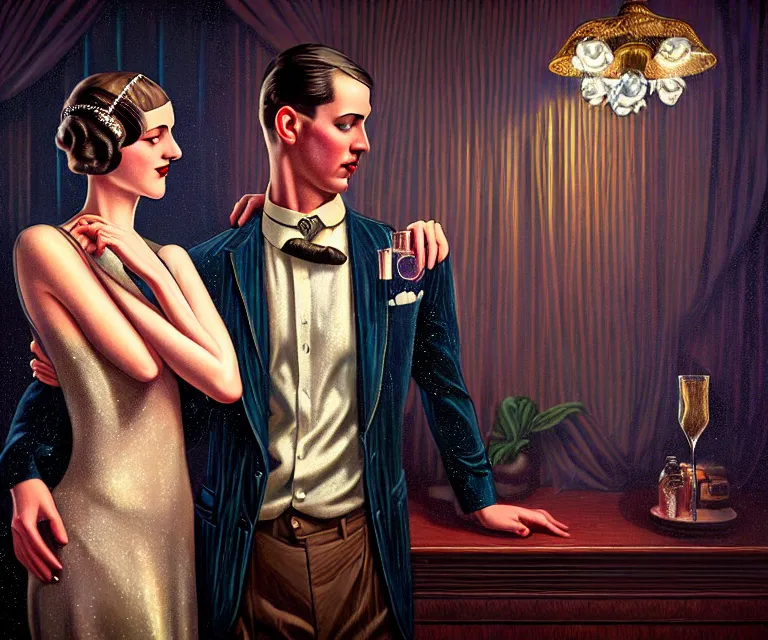 Prompt: a beautiful classy partying couple, dimly lit upscale 1920s speakeasy, relaxed pose, art deco, detailed painterly digital art style by Greg Hildebrandt, retro vibe, 🍸, 8k octane beautifully detailed render, post-processing, extremely hyperdetailed, intricate, epic composition, grim yet sparkling atmosphere, cinematic lighting + masterpiece, trending on artstation, very detailed, vibrant colors, Art Nouveau, masterpiece, romanticism