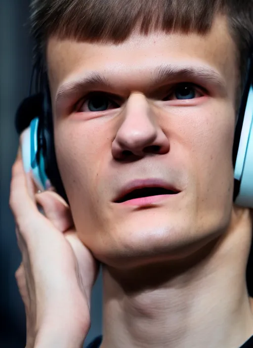 Prompt: perfect symmetric face, coherent eyes. vitalik buterin in headphones. vitalik buterin, close up, high detail, very sharp, 4 k