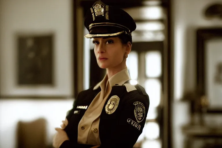 Image similar to cinematography closeup portrait of a beautiful woman cop in an decadent mansion foyer by Emmanuel Lubezki