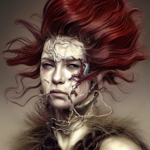 Image similar to portrait of a Shibari rope wrapped face and neck, headshot, insanely nice professional hair style, dramatic hair color, digital painting, of a old 15th century, old cyborg merchant, amber jewels, baroque, ornate clothing, scifi, realistic, hyperdetailed, chiaroscuro, concept art, art by Franz Hals and Jon Foster and Ayami Kojima and Amano and Karol Bak,