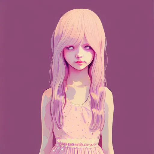 Image similar to young girl in summer dress art, pastel light pink long hair, muted colors, matte print, pastel colors, ornate, digital art, digital painting, fan art, elegant, artstation, head is centered, by Ilya Kuvshinov