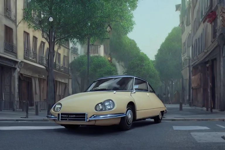 Image similar to a wholesome beautiful animation key shot of!! one!! focused!! 1 9 7 4 citroen ds!! in a paris street, medium wide shot, studio ghibli, ( pixar ) and disney animation, sharp, very detailed, high resolution, rendered in unreal engine 5, anime key art by greg rutkowski, bloom, dramatic lighting