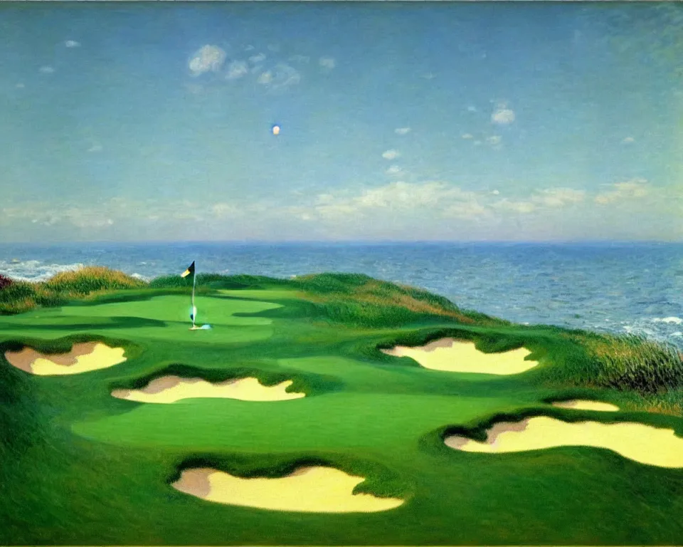 Prompt: achingly beautiful painting of the 1 3 th at pacific dunes by rene magritte, monet, and turner.