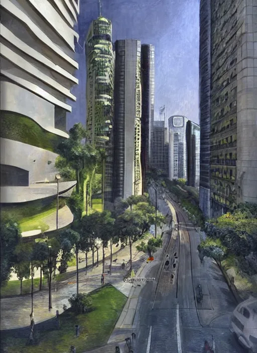 Image similar to futuristic avenida paulista in the c century, photorealistic beautiful painting, detailed, by gerardo dottori