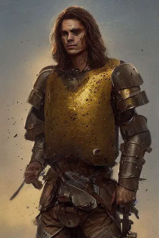 Prompt: a british longhair sodier with armor in the war, warm color, mini golden detail in the armor by alessio albi and greg rutkowski
