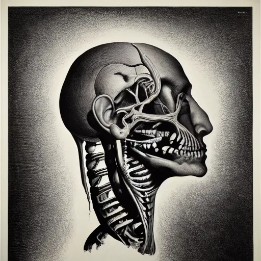 Prompt: surreal beast head anatomical atlas dissection center cut, lithography on paper conceptual figurative ( post - morden ) monumental dynamic soft shadow portrait drawn by hogarth and escher, inspired by goya, illusion surreal art, highly conceptual figurative art, intricate detailed illustration, controversial poster art, polish poster art, geometrical drawings, no blur