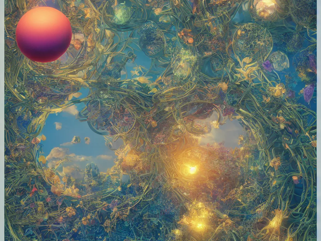 Image similar to 3 d render, sunlight study, the universe is a spheroid region 7 0 5 meters in diameter, art nouveau, by maria sibylla merian and ( ( ( ( ( lisa frank ) ) ) ) ), 8 k, sharp focus, octane render