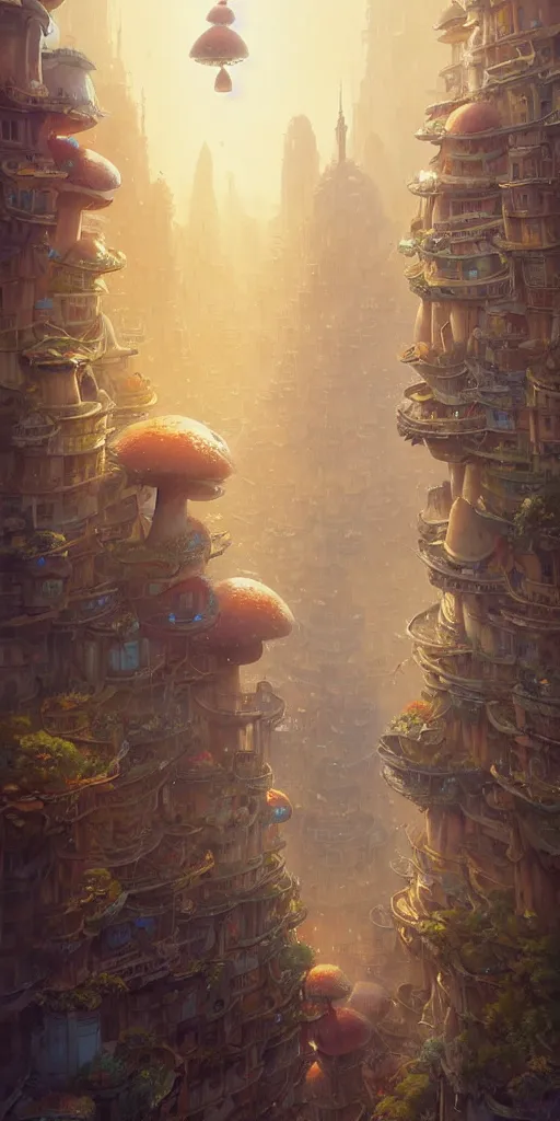 Image similar to a city built on a giant mushroom, unreal engine, fantasy art by greg rutkowski, loish, rhads, ferdinand knab, makoto shinkai and lois van baarle, ilya kuvshinov, rossdraws, tom bagshaw, global illumination, soft light, detailed and intricate environment