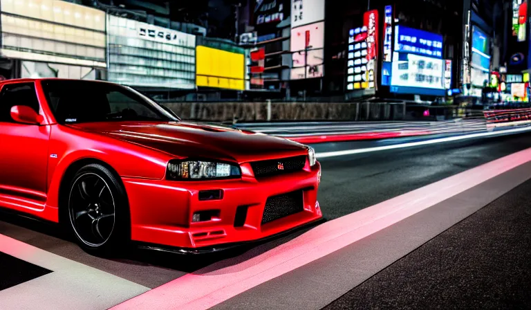 Image similar to wideshot of a nissan skyline gtr driving in tokyo at night, highly detailed, 4k photo, shot with sony alpha